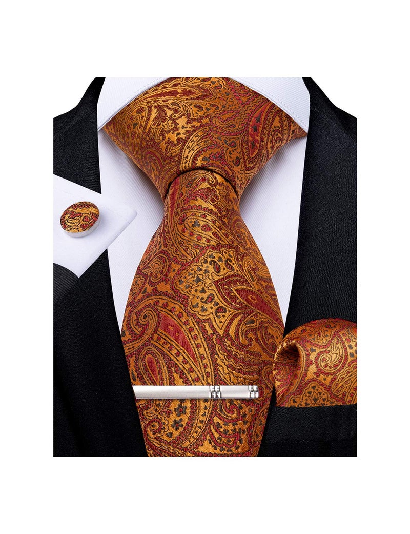 DiBanGu Paisley Ties for Men Silk Necktie and Pocket Square Cufflinks Tie Clip Set Woven Classic Mens Tie for Wedding Party, Burnt Orange - Image 1